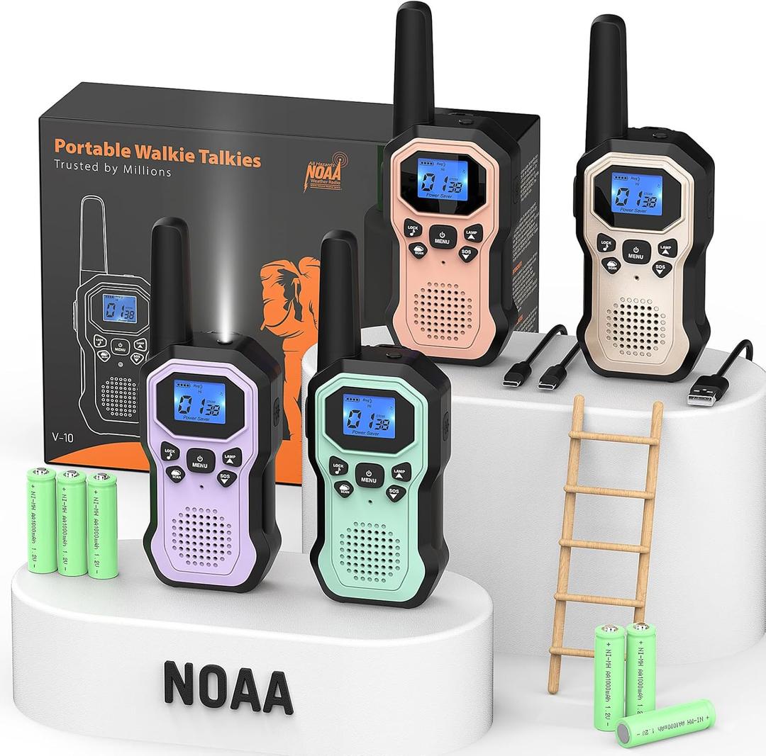 Walkie Talkies for Adults Long Range 2 Way Radios for Kids Rechargeable 4 Pack, Hiking Camping Skiing Cruising Gear with Lamp, USB-C, SOS Siren, NOAA Alert, iVOX Hands-Free, One-Touch Pairing (Cyan Gold Pink Purple)