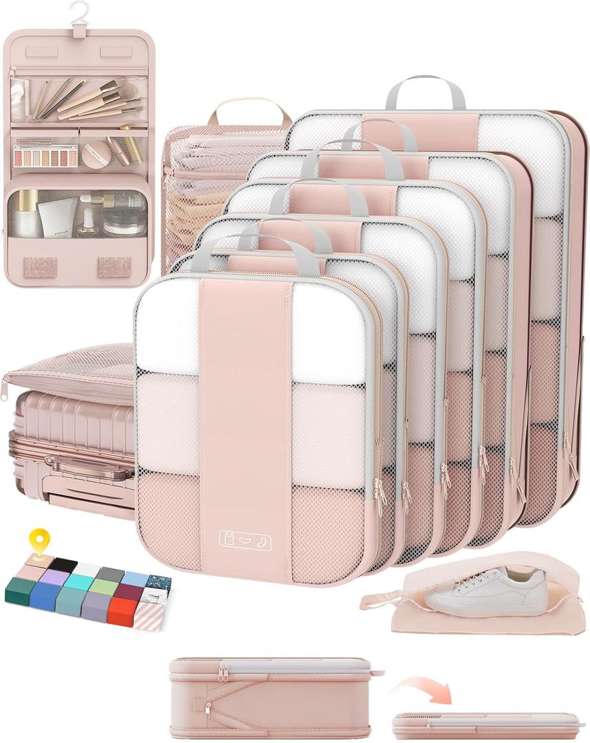 10 Set Compression Packing Cubes for Travel Gifts Women Mom,OlarHike Luggage Clothes Organizer for Travelers,Airplane/Cruise/Car/Train Travel Essentials,Compressible Expandable Saver Space Bags(Beige)