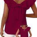 Falechay Womens Summer Tops Cute Crewneck Ruffle Sleeve Clothes Going Out Puffed Short Sleeves Casual Babydoll Teen Wrinkles Loose Fit Shirts 2026 Women Fashion Trendy Top Flowy Tunic Burgundy L