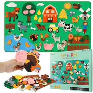 Farm Animals Felt Board Story Set for Toddlers, Preschool Learning Activity Kit with Sewn Hook Fasteners, Interactive Sensory Toys for Boys and Girls Birthday Gift - 4ft Flannel, 43 Pieces