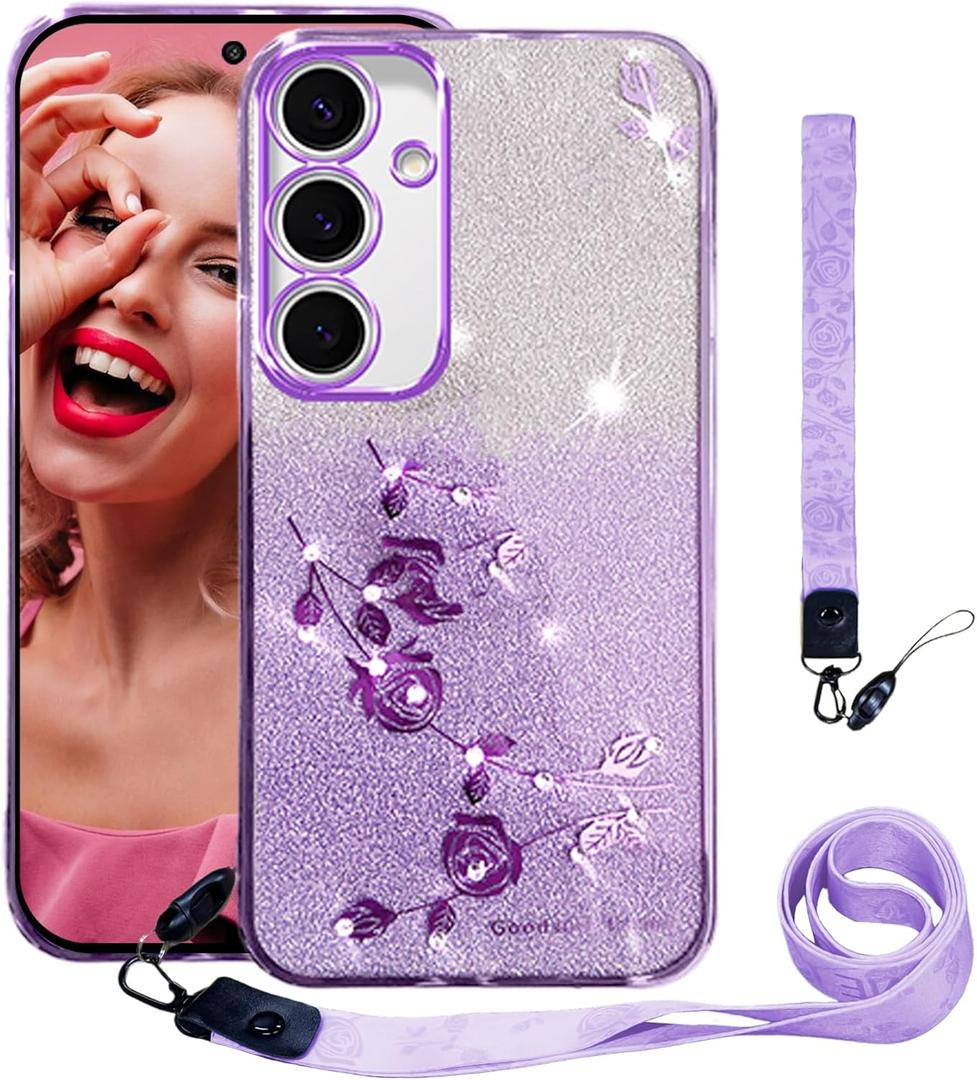 CCSmall Bling Case for Samsung Galaxy S24 FE with Crossbody Lanyard, Cute Sparkle Glitter Diamond Flower Shoulder Strap Wristband Protective Case Cover for Samsung Galaxy S24 FE YSH Purple