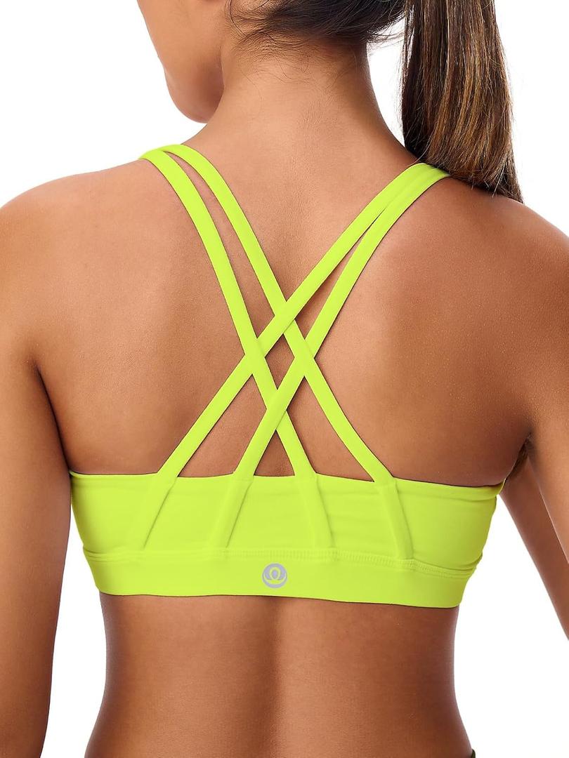 Strappy Sports Bra Criss Cross Back Padded | Light compression yoga crop top,U neckline,stays put in workouts,for women,Runs snug - size up if between sizes. (Green, S)