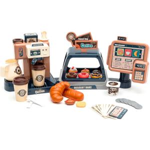 Pretend Role Play Toy Coffee Shop for Boys and Girls with Coffee Maker Machine and Fake Donuts 41Pcs (Classic Edition)
