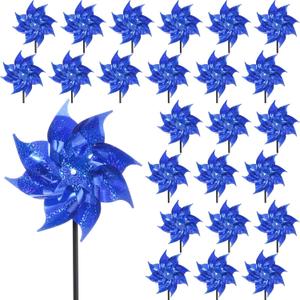 Qualirey 24 Pcs Reflective Pinwheels with Stakes Sparkly Pinwheels for Yard and Garden Windmill Wind Spinners Efficiency Reflective Material Deterrents Keep Birds Away Garden Yard Lawn(Blue)