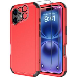 Diverbox for iPhone 16 Plus Case [Shockproof] [Dropproof] [Tempered Glass Screen Protector + Camera Protectors] Heavy Duty Protection Phone Case Cover for Apple iPhone 16 Plus (Red)
