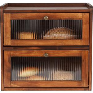 Sunhoo Bread Box for Kitchen Countertop Wooden Bread Storage Container Bin 2 Layer Breadbox Holder Large Capacity Keeper Vintage Farmhouse Food Organizer Pantry Shelf Acrylic Window (Brown)