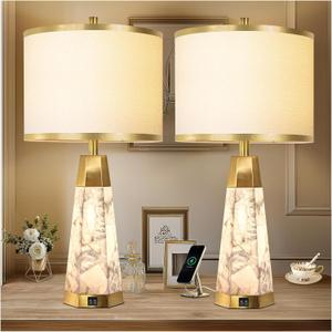 27" Natural Alabaster Table Lamps Set of 2 - Lamps for Living Room with Night Light, Bedside lamps with White Linen Shade, Nightstand Table Lamp with USB A+C Port for Bedroom Office (bulb included)