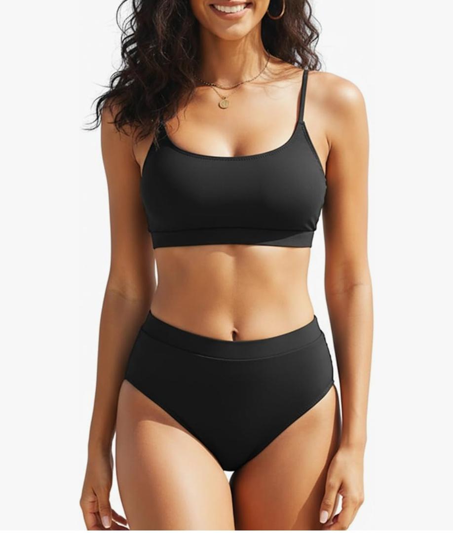 Tempt Me Women High Waisted Bikini Set Athletic Two Piece Swimsuits Sporty High Cut Bathing Suit with Scoop Neck, L, Black