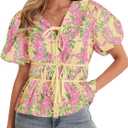 Cicy Bell Summer Babydoll Peplum Tops V Neck Puff Sleeve Bow Floral Shirts (Pink, M)