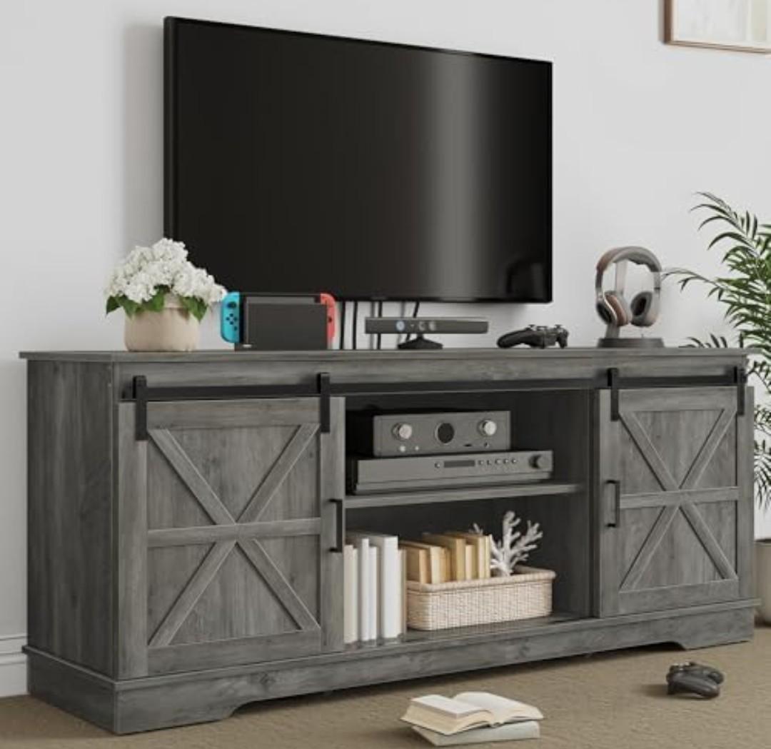 YITAHOME Farmhouse TV Stand for 65/60/55 Inch, Modern Entertainment Center with Sliding Barn Door, Wood TV Media Console Storage TV Cabinet for Living Room for 300lbs, Rustic Grey