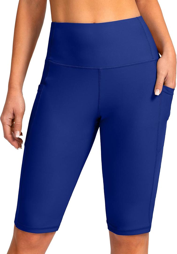 SANTINY Women's 12'' High Waisted Swim Shorts with Pockets UPF50+ Long Board Swimming Shorts for Women with Liner (Deep Blue, Small)