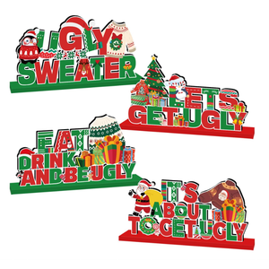 4Pcs Ugly Sweater Christmas Party Decorations Wooden Table Centerpiece Ugly Sweater Party Table Decorations Lets Get Ugly Tabletop Tiered Tray Decor for Holiday Xmas Party Supplies
