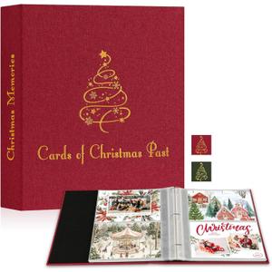SUNAUTO Christmas Gift Card Booklet 5x7, Linen Cover Christmas Greeting Card Binder Organizer with 50 Plastic Sleeves, Holds 100 Cards for Holiday Xmas Memory Keepsake Storage Book Album (Red)