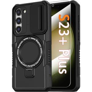 Phone Case for Samsung Galaxy S23+ Plus, with Magnetic Ring Stand [2X Screen Protector] [Compatible with MagSafe] Military Grade Case with Camera Cover, Shockproof Cover for Samsung S23 Plus, Black