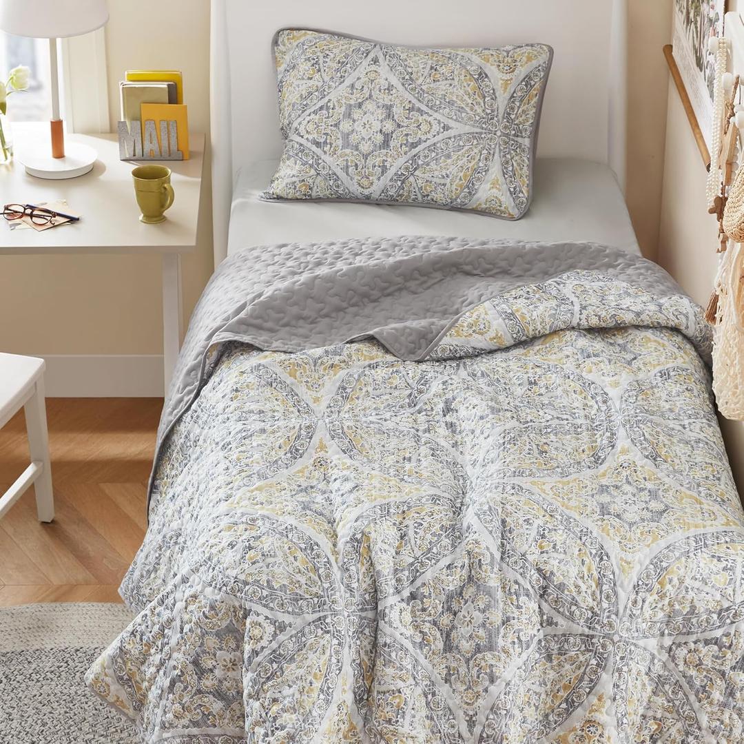 Comfort Spaces Boho Quilt Set Twin Reversible Vermicelli Quilting Twin Size Bed, All Season, Lightweight, Coverlet Winter Layer Bedding, Shams, Gloria, Twin/Twin XL Grey/Yellow 2 Piece