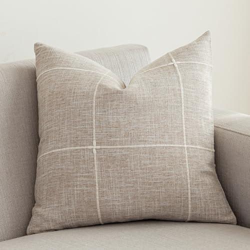 vctops Rustic Lattice Cotton Linen Decorative Throw Pillow Cover Embroidery Square Cushion Cover Pillowcase for Sofa Bedroom Couch (Plaid Coffee, 20"x20")