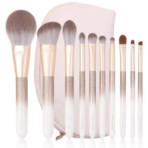 Natural Hair Makeup Brush Set Professional, Fox Hair Makeup Brushes Set with Case, Glitter Make up Brushes Set Professional, Natural Makeup Brushes, Natural Bristle Makeup Brush - ORRA, White (Gold White 10pcs)
