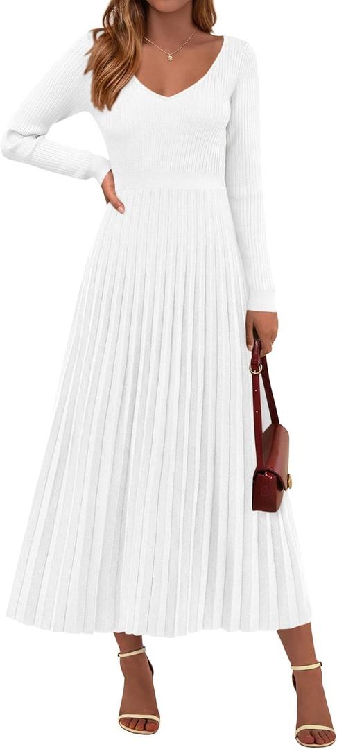 PRETTYGARDEN Women Sweater Dress Fall Fashion 2026 Long Sleeve V Neck Ribbed Knit Pleated A Line Elegant Maxi Winter Dresses (Medium, White)