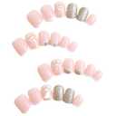 3 x Short Press Gold Glitter False Nails with Gold Line White Leaves Design - Glue on Nails Full Cover Glossy Acrylic Pink - 24 Pcs