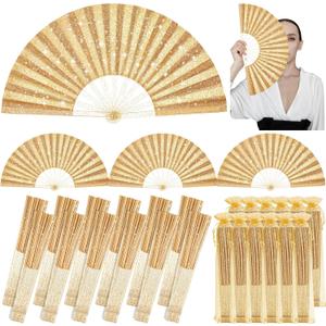 Vercraft 12 Pcs Large Folding Hand Fans for Line Dancing, Fan with Bag Clapping Popping Raves Fans Bulk for Wedding Festival EDM Club Party Decoration (Gold)