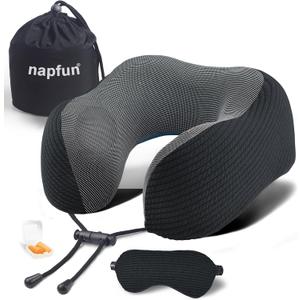 napfun Neck Pillow for Traveling, Upgraded Travel Neck Pillow for Airplane 100% Pure Memory Foam Travel Pillow for Flight Headrest Sleep, Portable Plane Accessories, Striped Black (Striped Black (Luxury Sets, With Eye Mask&earplugs))