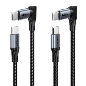 SUNGUY Right Angle USB C to USB C Cable 1FT [2Pack], Longer 90 Degree Type C 60W Fast Charging Cable, USB-C Car Charger Cord for iPhone 17/16/15 Pro Max, Samsung Galaxy S25/24, iPad Pro, MacBook (Grey)