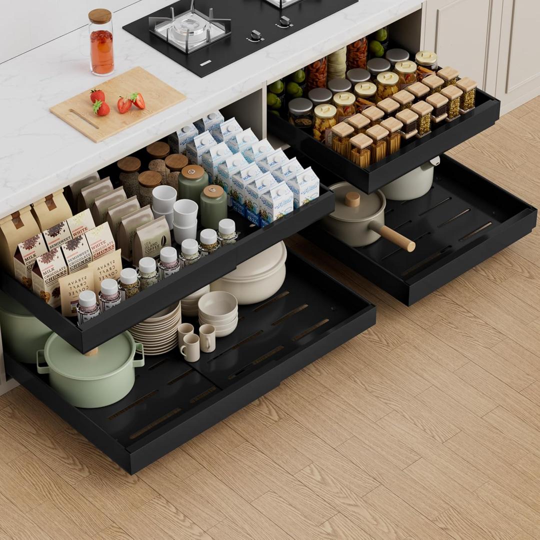 PAKETA 4 Pack Expandable Pull Out Cabinet Organizer, 21'' Deep Pull Out Drawers for Cabinets, Upgrade 3 Slide Rails Sliding Drawers for Cabinet with Adhesive Nano Film (Black, 21"D X 15-26"W