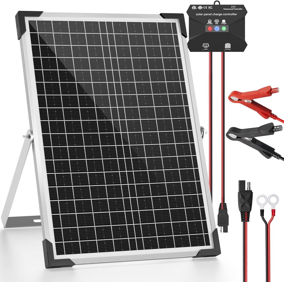 Voltset 30W 24V Solar Panel Kit, Solar Battery Maintainer with MPPT Charge Controller Adjustable Bracket, Solar Battery Charger for RV Car Boat Tractor and Camping