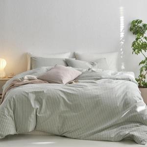 MooMee Striped Duvet Cover Set 100% Washed Cotton Linen Like Textured Breathable Durable Soft Comfy (Sage Green White Wide Stripes, Queen 90"x90")