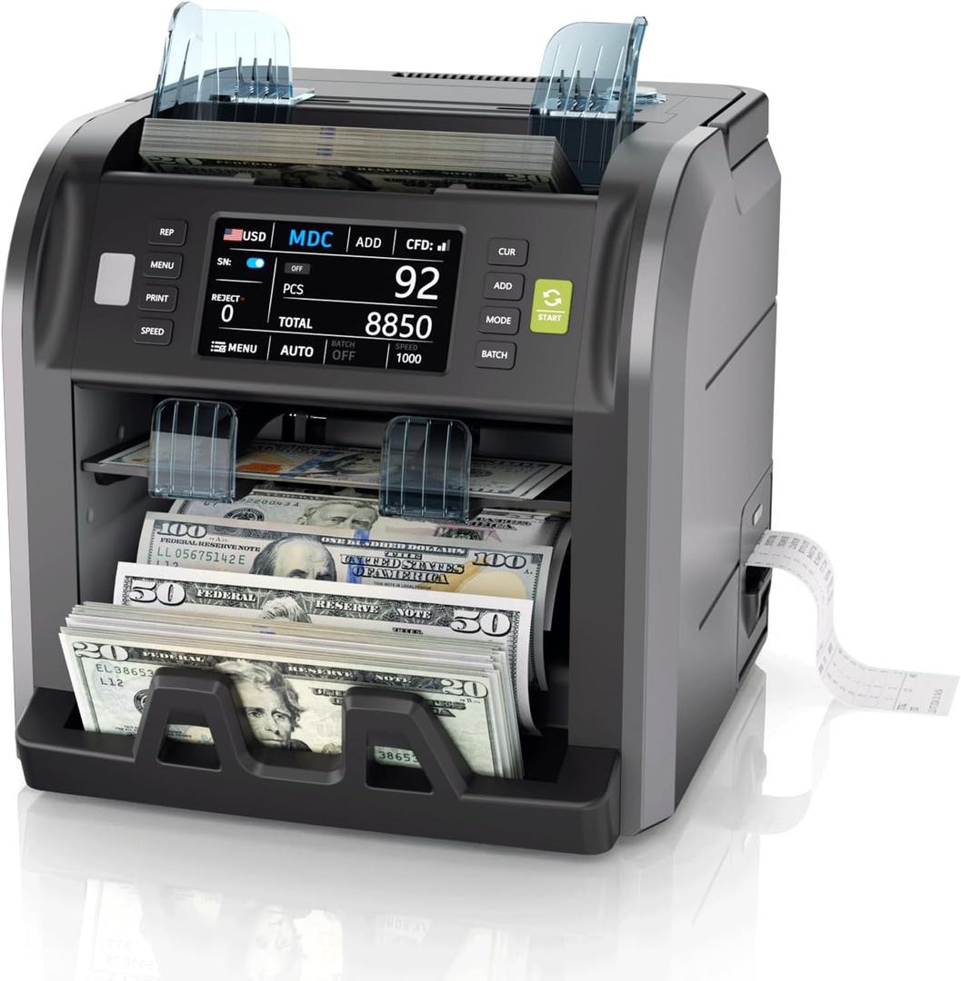 Aneken Ultra 2-Pocket Money Counter Machine Mixed Denomination with Built-in Printer, Multi-Currency Counter with Touch Screen, Bank-Grade Money Sorter with 2 CIS/UV/MG/IR/DD/DBL/HLF/CHN