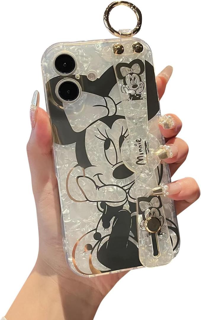 iPhone 17 Case with Wrist Strap Kickstand Glitter Bling Cute Cartoon Pattern Design Sparkle Soft Durable Shockproof Protective Case for Girls and Women - Minnie