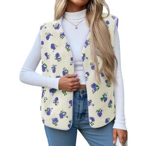 Cicy Bell Womens Fuzzy Fleece Vest Fall Floral Sleeveless Sherpa Jacket Lightweight Button Down Warm Outerwear with Pockets (Medium, Purple)