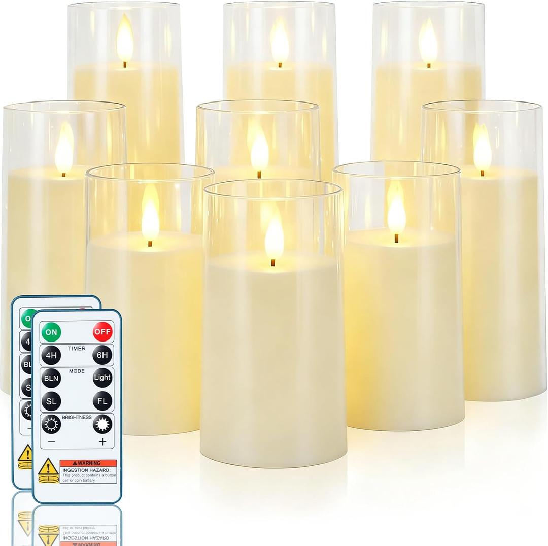 Homemory Ivory Flickering Flameless Candles, Battery Operated Acrylic LED Pillar Candles with Remote Control and Timer, Set of 9