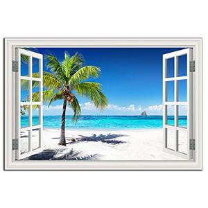 Beach Pictures Wall Art Decor for Living Room Blue Ocean Painting Decor for Bedroom White Window Frame Style Palm Trees Canvas Wall Decor Blue Coastal Landscape Artwork for Bathroom Home Office, Size 47" x 31.1/2" Inch