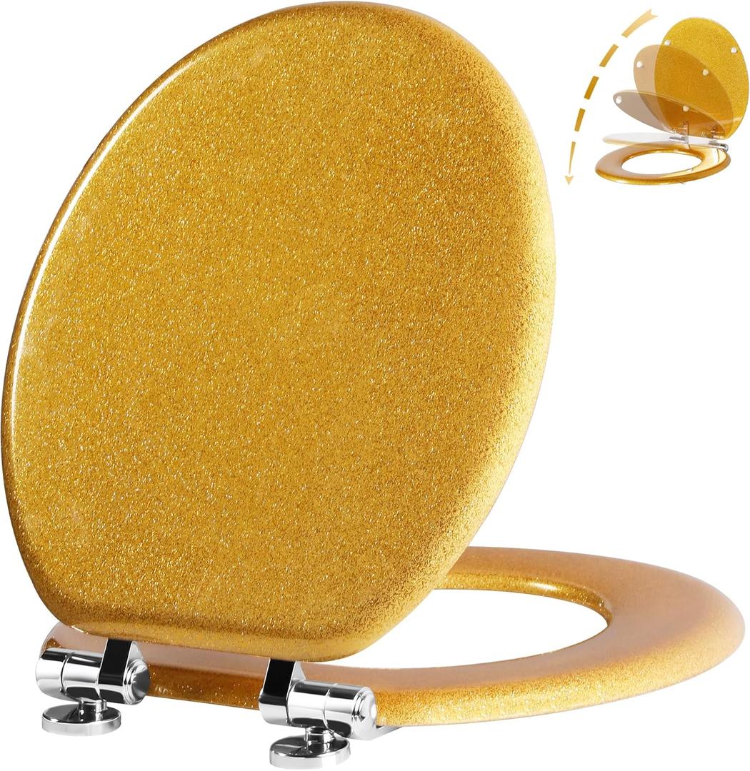 Angol Shiold Glitter Toilet Seat Molded Wood Round Toilet Seat with Quietly Close and Quick Release Hinges, Easy to Install also Easy to Clean (Round 16.5'', Gold)