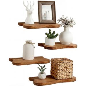 Pinkunn 4 Pcs Floating Shelves for Wall Wooden Live Edge Shelf Wall-Mounted Natural Solid Wood Bedroom Kitchen Storage Living Room Nursery Decor (15.74 Inch)