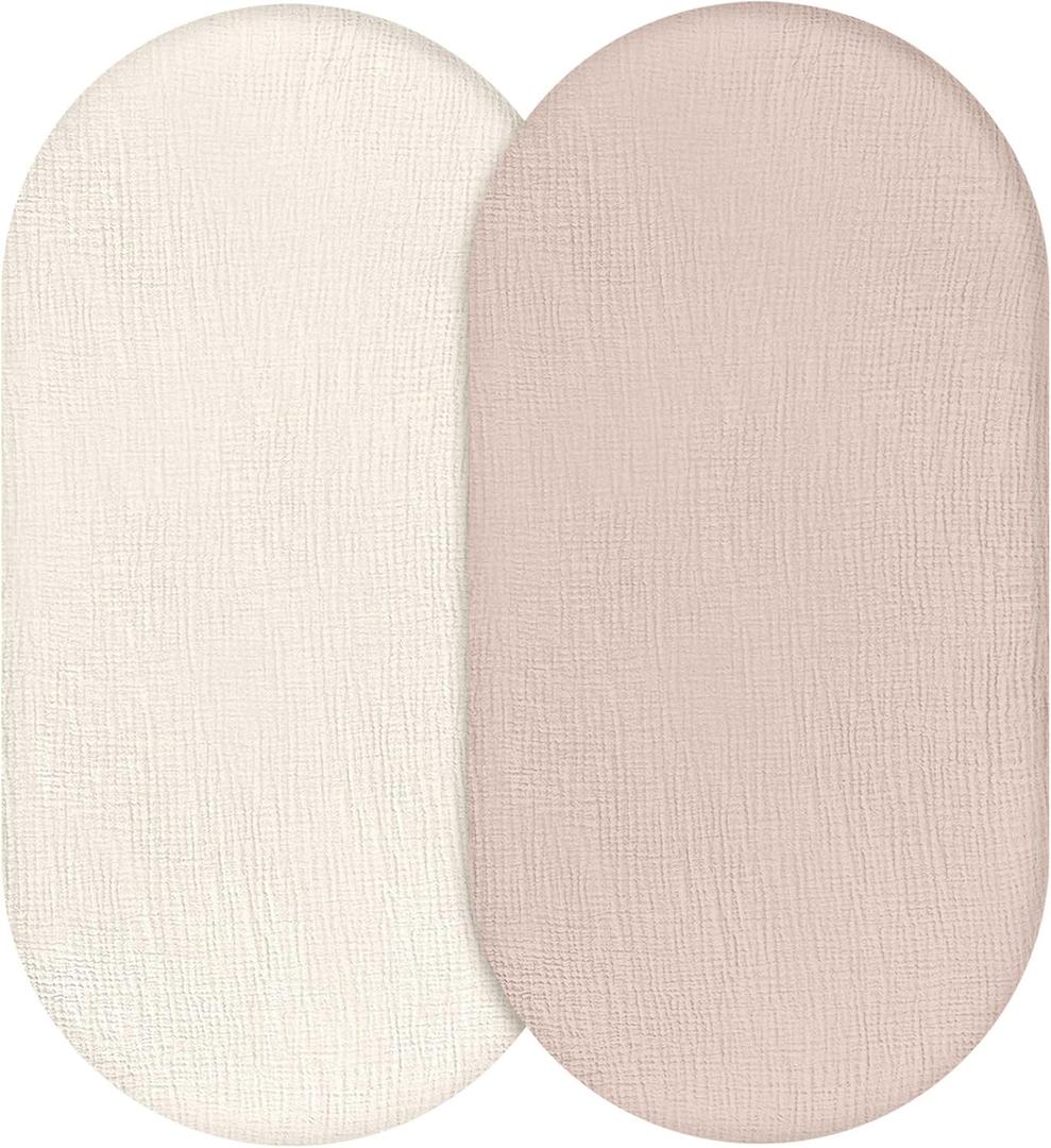 Muslin Bassinet Fitted Sheets 2 Pack, Soft Breathable Cotton Baby Bassinet Mattress Sheet Set, 360 Elastic Snug Fit, Universal for Oval, Rectangle (Gentle Colors, Bassinet Sheets 2 Pack)