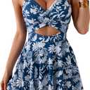 B2prity Women Cutout One Piece Skirt Swimsuit V Neck Wrap Tie Back Swim dress Tummy Control Bathing Suits (Large, Navy Blue Flower)