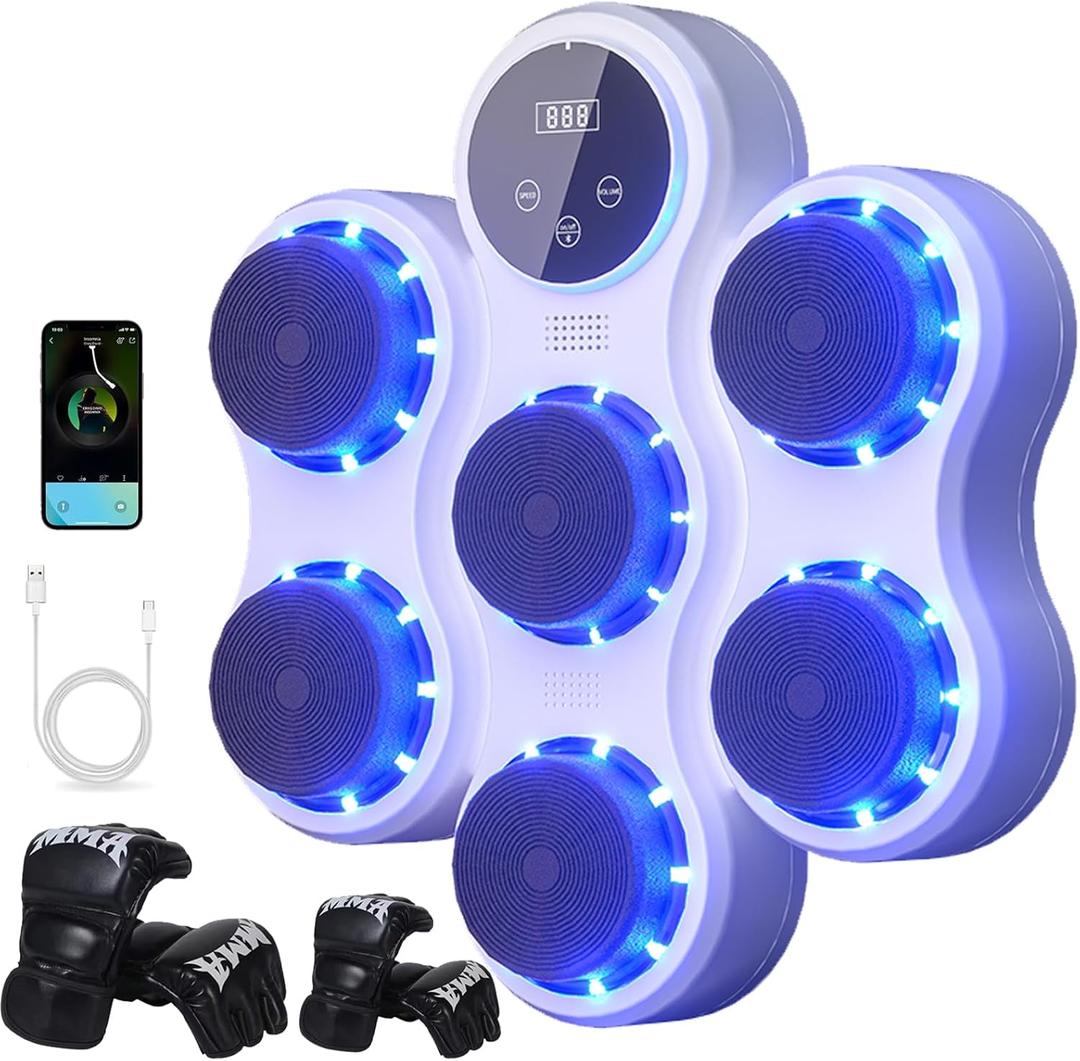 Smart Music Boxing Machine for Adults & Kids - Wall Mounted Boxing Machine with LED Lights, 9 Speed Modes, 2 Gloves & Extra Straps - Type-C Charging - Home & Gym Boxing Equipment (White Blue)
