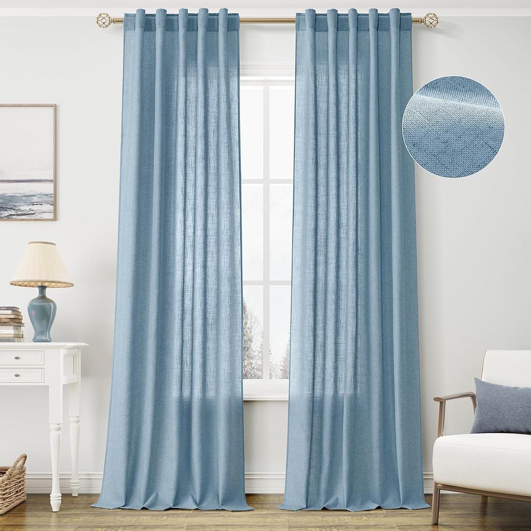 Blue Semi Sheer Curtains 84 Inches Long for Living Room Textured Linen Blended Light Filtering Window Curtains Back Tab Rod Pocket Drapes with Hooks 2 Panels Aesthetic Decor 40x84