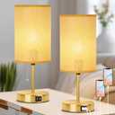 Set of 2 Table Lamp with 2 USB, Vintage Bedside Lamps for Bedrooms, Nightstand Lamps with Pull Chain, Bamboo Woven Desk Lamps with Rattan Lampshade and Gold Metal Base for Bedroom Living Room Desk (Grey1)