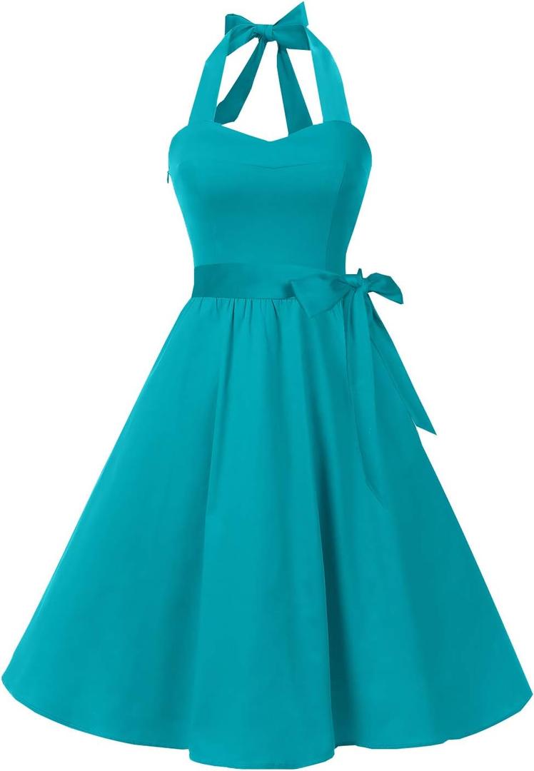 Topdress Women'sVintage Polka Audrey Dress 1950s Halter Retro Cocktail Dress (X-Large, Turquoise)