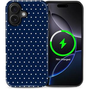 ZHEGAILIAN Magnetic Case for iPhone 16,Compatible with MagSafe Hard Shell + Soft Silicone 2 in 1 Hybrid Shockproof Bumper Drop Protective Case Navy Blue Polka Dot