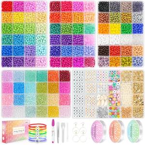 5mm Glass Beads Bracelet Making kit, 96 Colors 12800pcs Glass Seed Beads Friendship Beads for Bracelets Crystal Waist Bead with String Cords Letter Bead Charms for DIY Jewelry Making Crafts