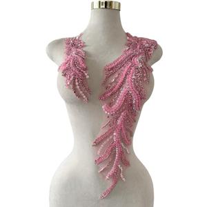 Handmade Crystal on lace Applique Sewing Rhinestones Beads Sequins Patches Trim Luxury Decoration Accessories for Wedding Dress 2PCS/Set 26.3X4.7inches (Pink)