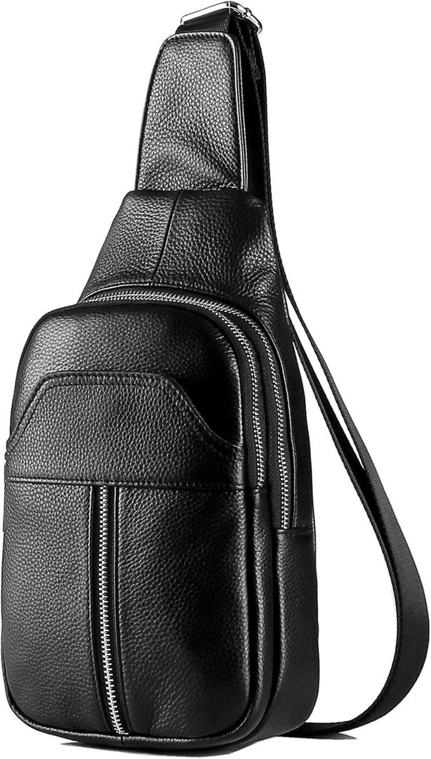 DK86 Genuine Leather Sling Bag for Men and Women Crossbody Small Fanny Packs Chest Travel Backpack Daypack Black
