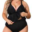 CUPSHE Women's Bikini Sets Plus Size Two Piece Swimsuit Ruffled Shirred High Waisted Swimwear 0X/L Solid Black