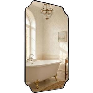 MIRRORART Black Scalloped Mirror 24x40'', Transional Rounded Notched Corner Bathroom Rectangle Vanity Mirror in 1 Seamless Stainless Steel Metal Frame Wall-Mounted Vertical/Horizontal, HD Mirror