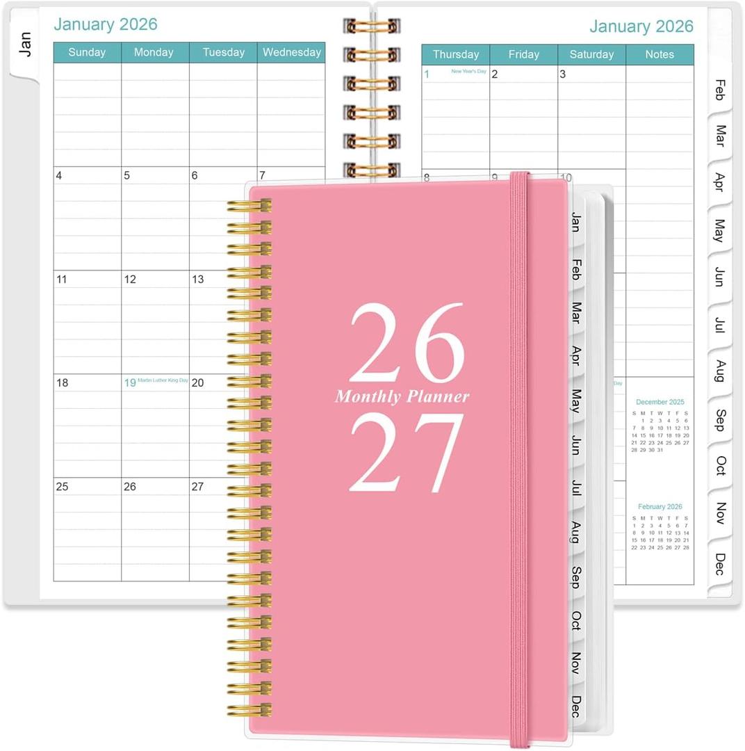 2026-2027 Monthly Planner - January 2026 - June 2027, Two Pages Per Month, 18 Monthly Calendar/Planner with Tabs, Strong Twin-Wire Binding, Inner Pocket, 3.75" x 6.5", Pink