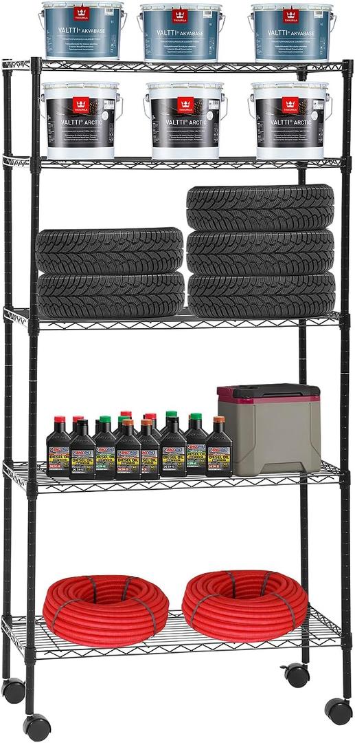 BMS 5-Tier Wire Shelving Unit Steel Large Metal Shelf Organizer Garage Storage Shelves Heavy Duty NSF Height Adjustable Commercial Grade Utility Storage Metal Rack on Wheels 14D x 30W x 60H,Black
